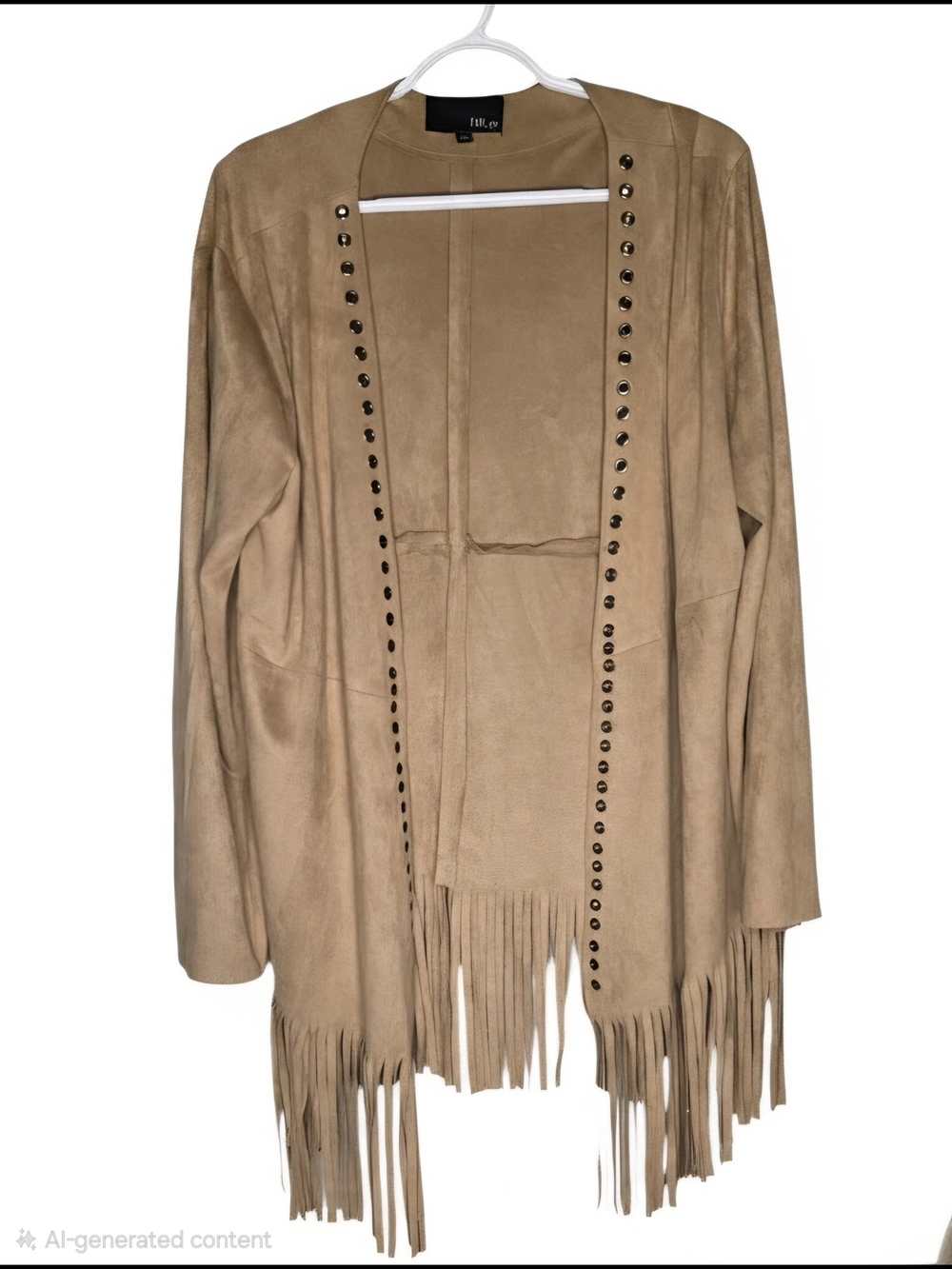 FILA Women's Tan Fringe Open Front Jacket with Stud Detail